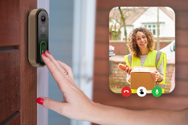 Delivery person detected ringing a video doorbell preventing porch pirates