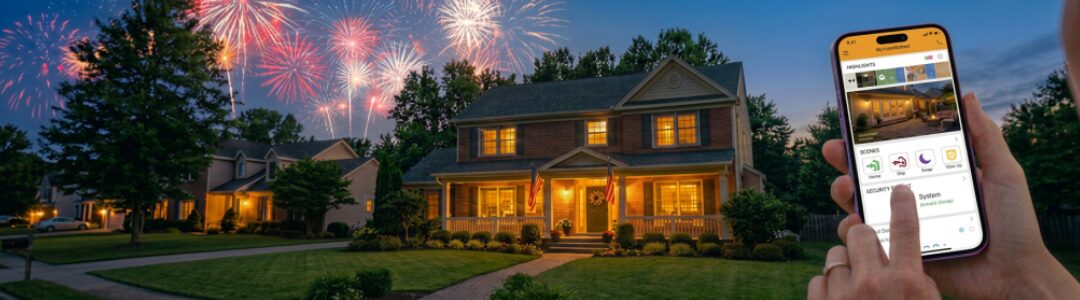 Homeowner using smart home app for July 4th home security while fireworks go off in the distance.
