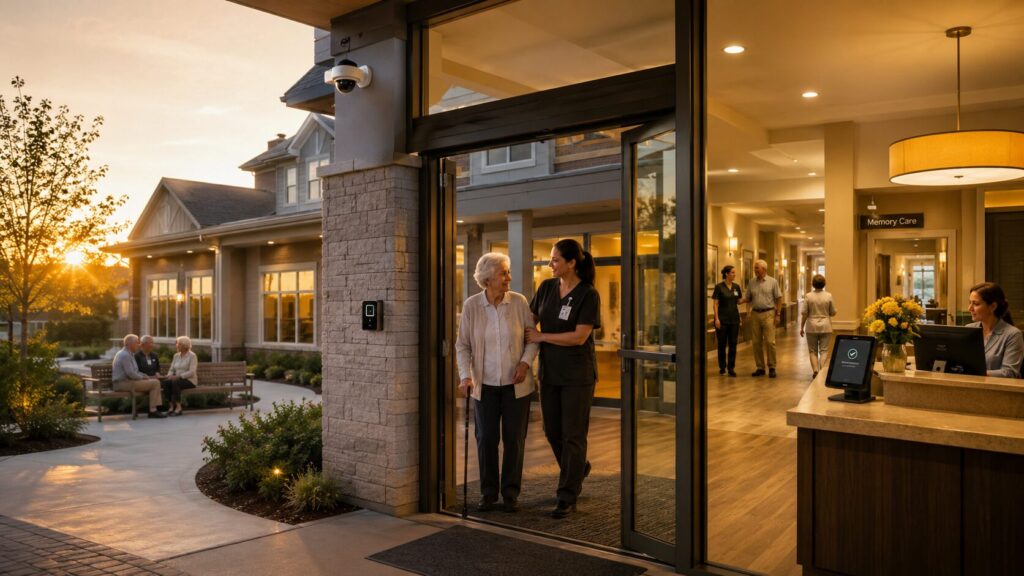 Assisted living entrance with security coverage
