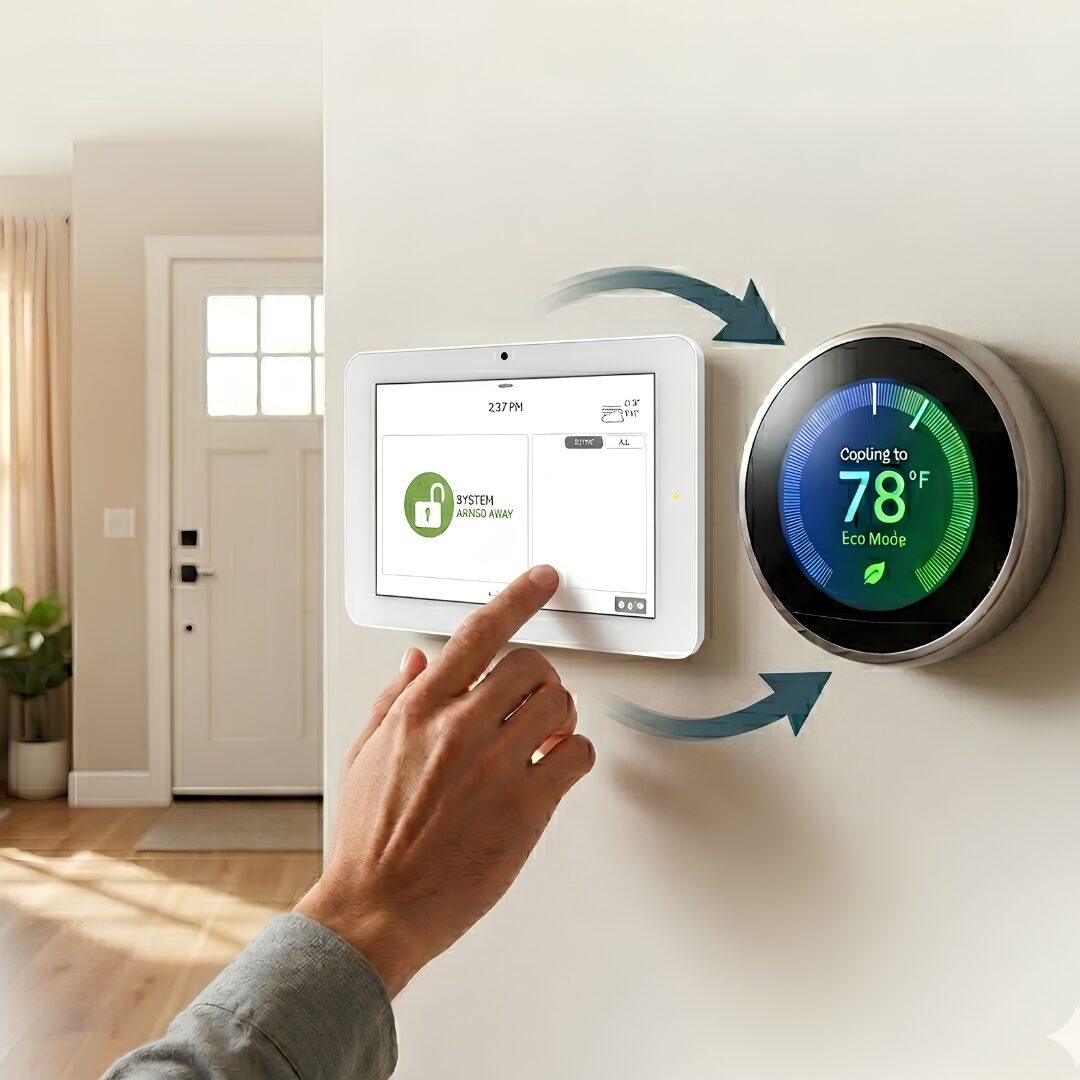 A smart home security panel displaying an armed status and an energy-efficient temperature setting for summer.
