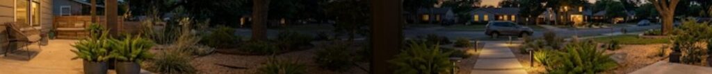 A modern video doorbell for a new home mounted on a front porch protecting a delivered package at twilight.