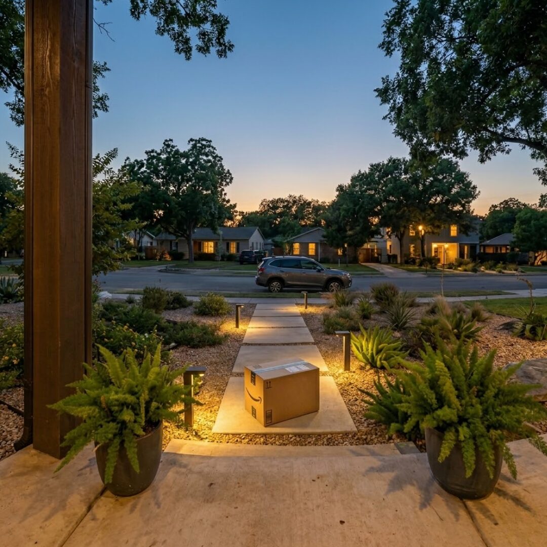 A modern video doorbell for a new home mounted on a front porch protecting a delivered package at twilight.