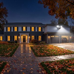 Outdoor camera night vision security system with color starlight sensor and active perimeter deterrence illuminating autumn driveway.