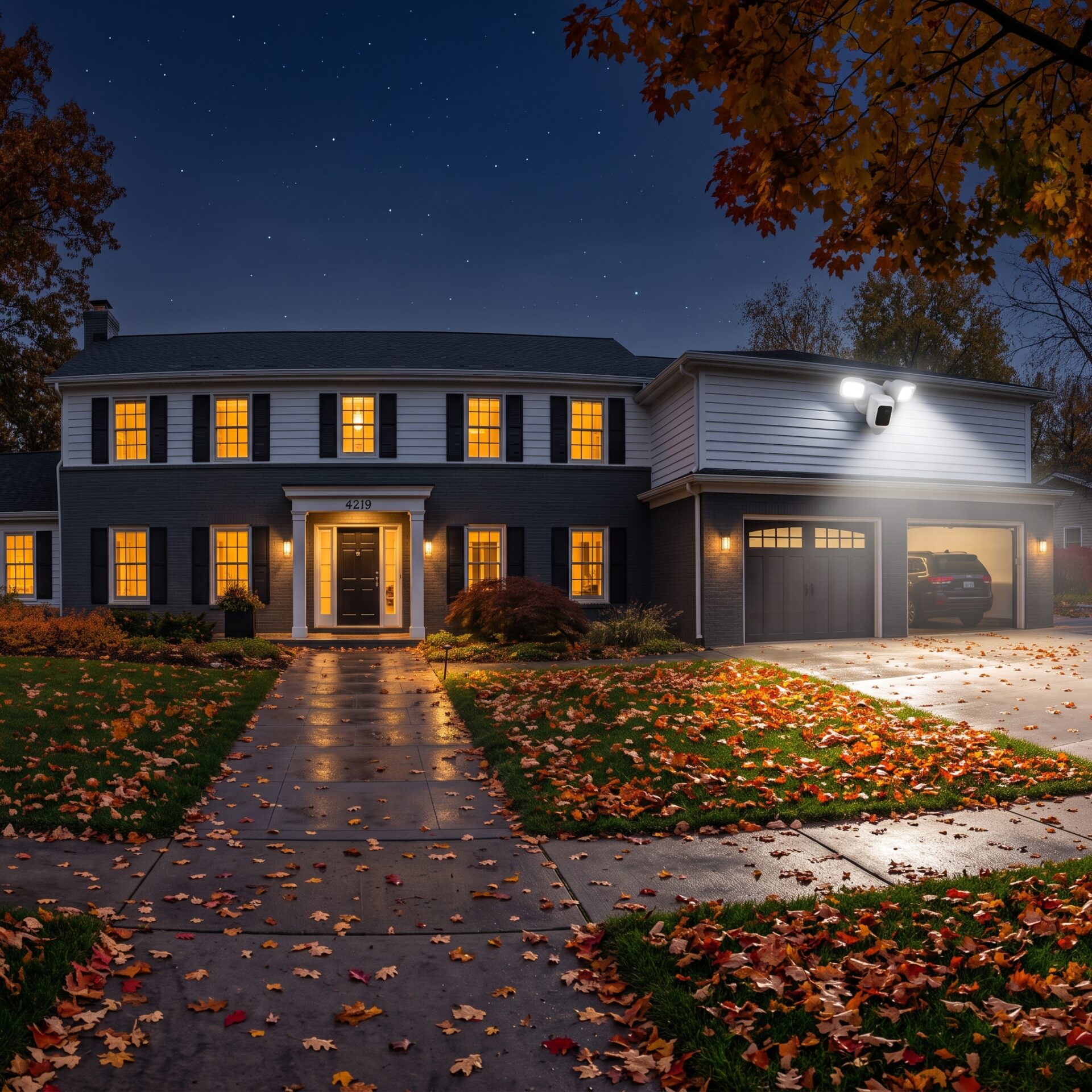 Outdoor camera night vision security system with color starlight sensor and active perimeter deterrence illuminating autumn driveway.