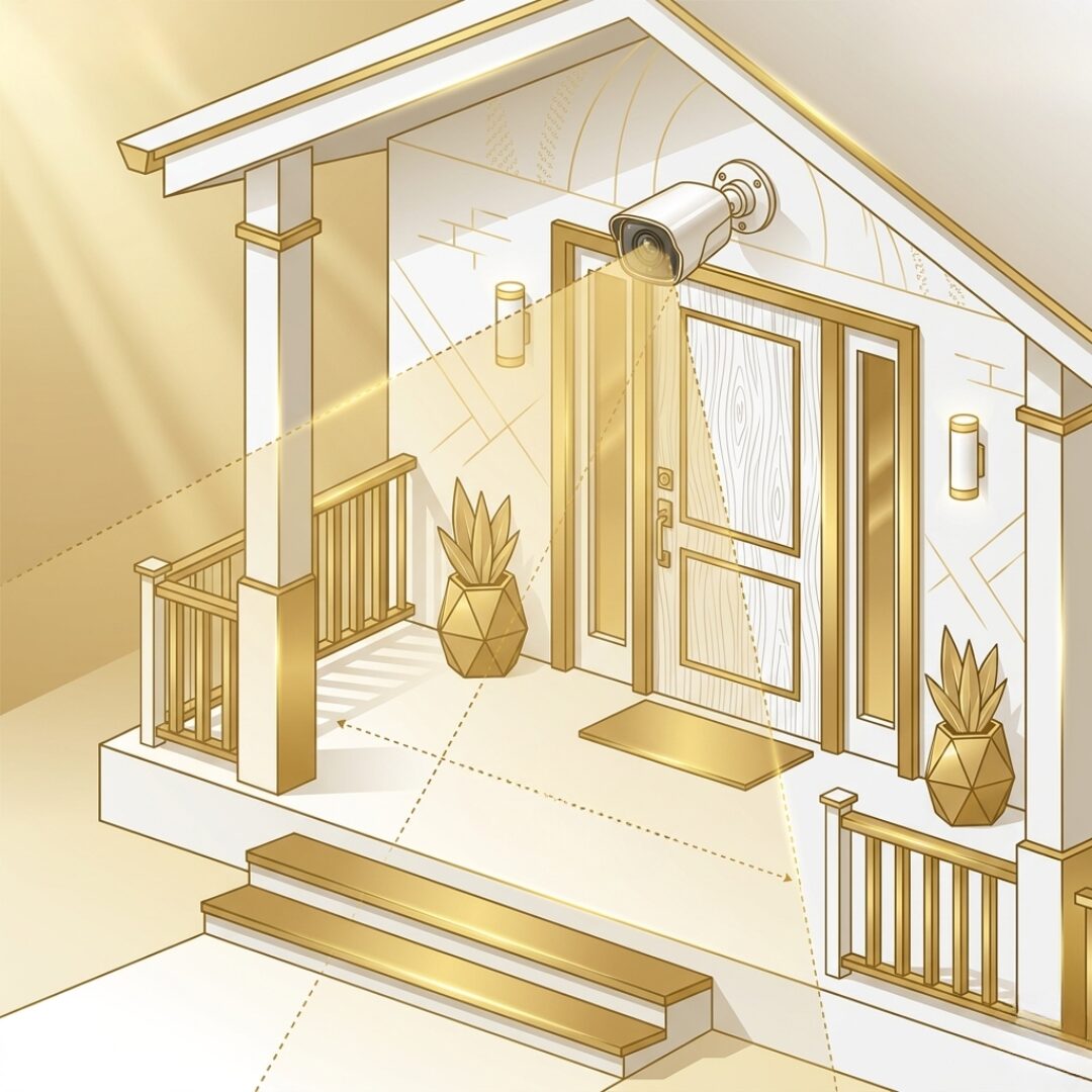 Professional outdoor security camera placement on a modern home with mobile app monitoring