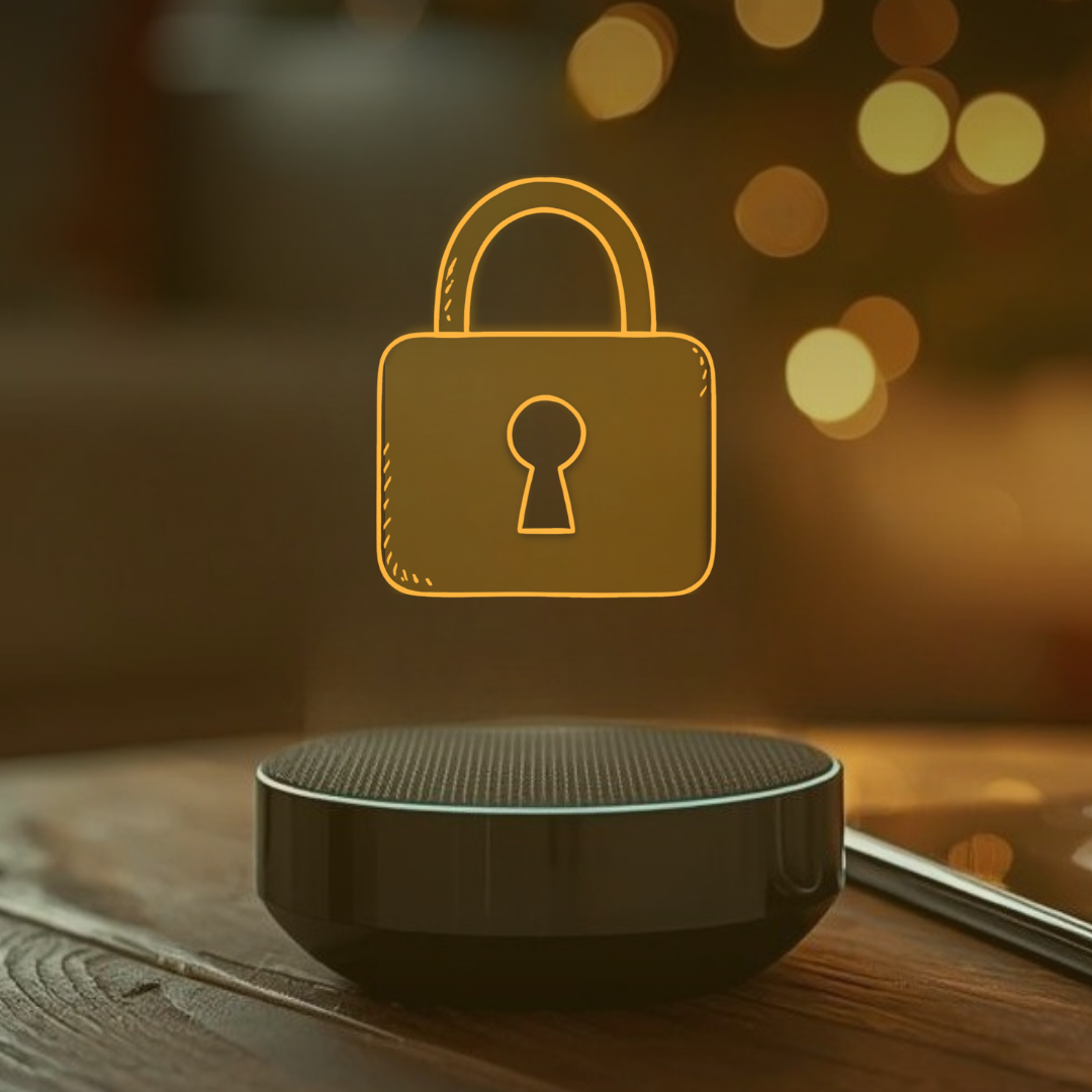 Smart home hub on coffee table with digital security lock overlay in a holiday setting.