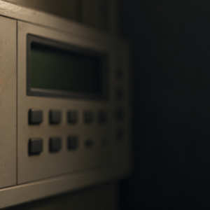Amber trouble indicator illuminated on an aging commercial fire alarm control panel.