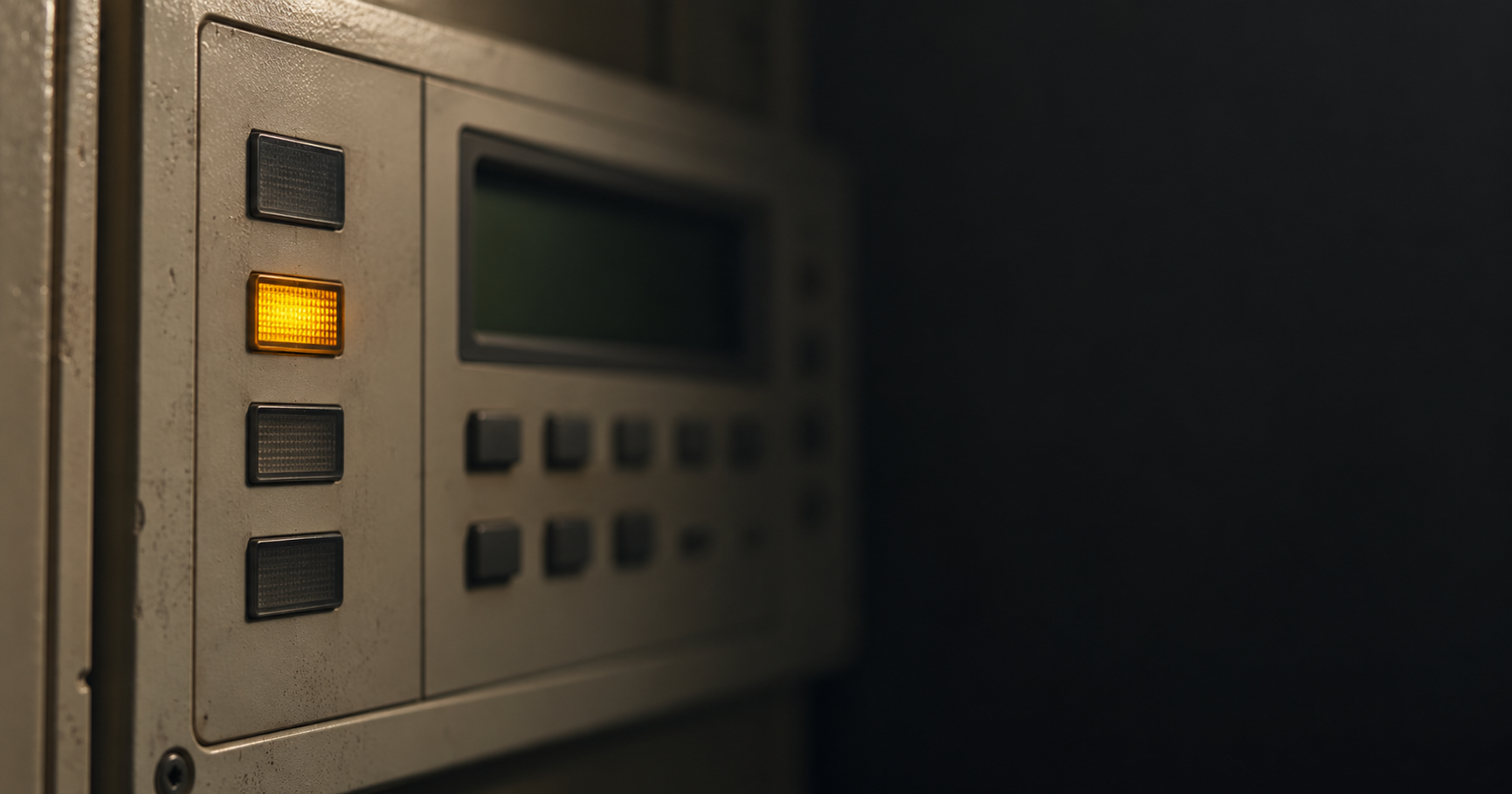 Amber trouble indicator illuminated on an aging commercial fire alarm control panel.