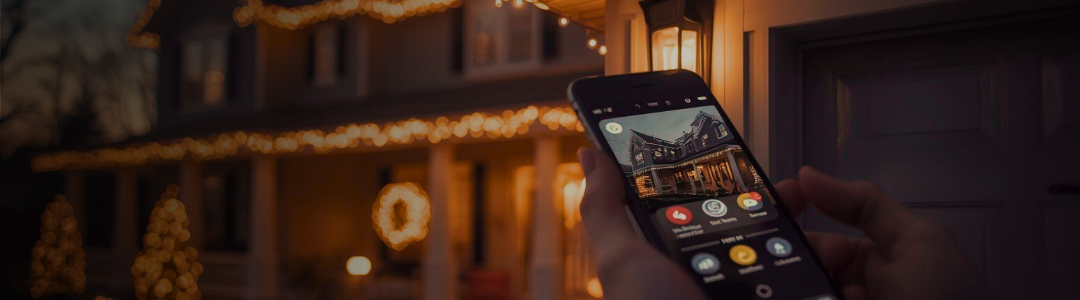 Suburban home with Christmas lights and a Guardian Alarm security camera monitoring the property at twilight.