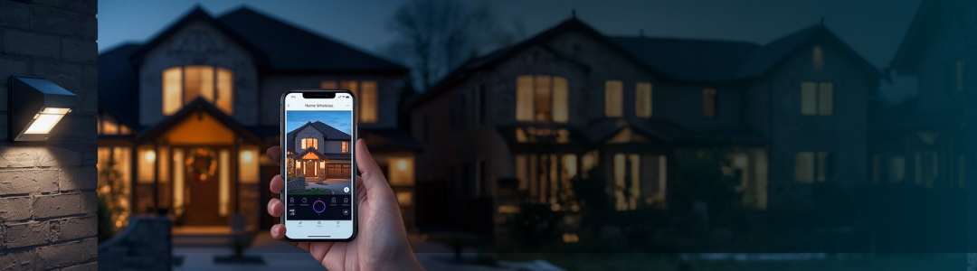 Holiday travel home security remote access smartphone app and smart home exterior lighting