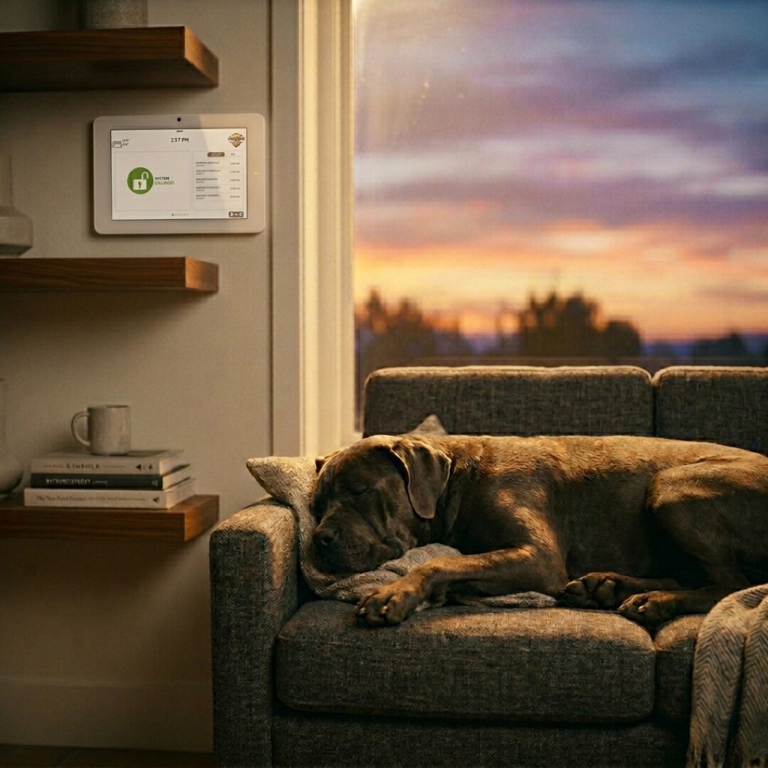 Peaceful dog sleeping on bed with Guardian Alarm security keypad visible on wall in background, representing home protection while pets rest