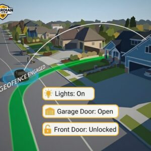 An infographic map demonstrating how Guardian Alarm geo-fencing triggers smart locks, thermostats, and cameras when you leave home.