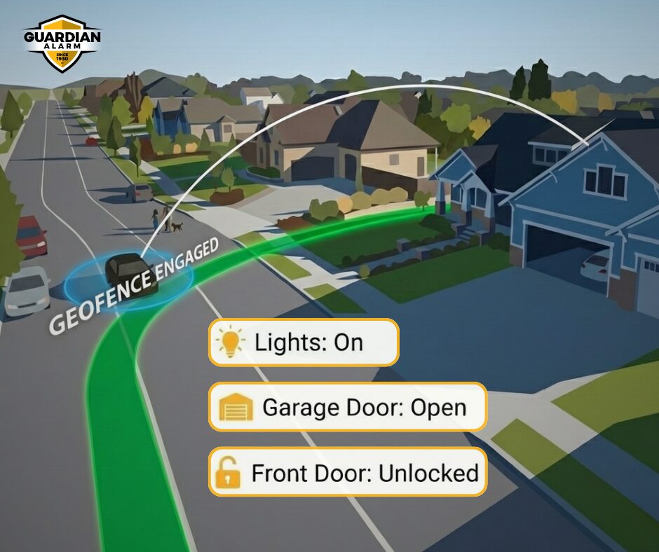 An infographic map demonstrating how Guardian Alarm geo-fencing triggers smart locks, thermostats, and cameras when you leave home.
