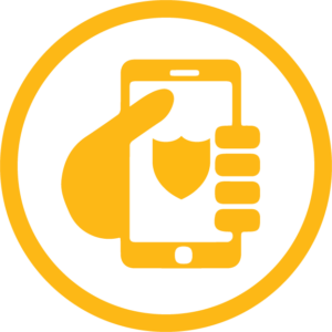 Animated hand holding a smartphone with a shield on its screen