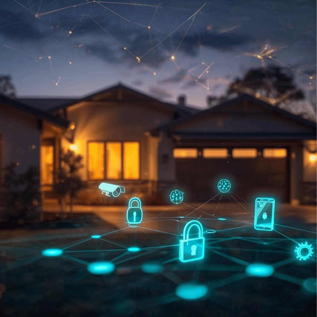 AI-powered smart home security system with neural network visualization showing intelligent threat detection protecting a modern residential home at twilight
