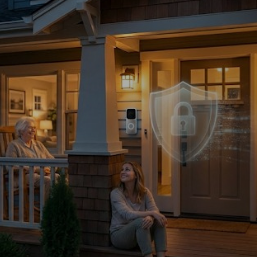 Adult daughter checking senior parent safety via professionally monitored security system app.