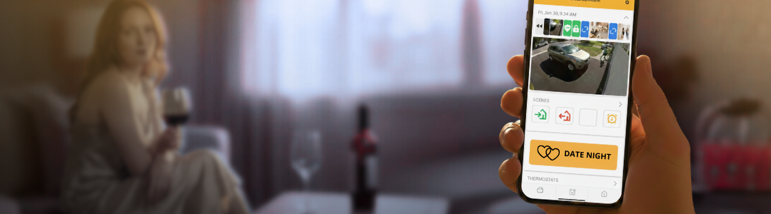 Guardian Alarm smart home app on phone activating romantic smart home date night automation with preprogramed lighting and climate control for luxury homeowners