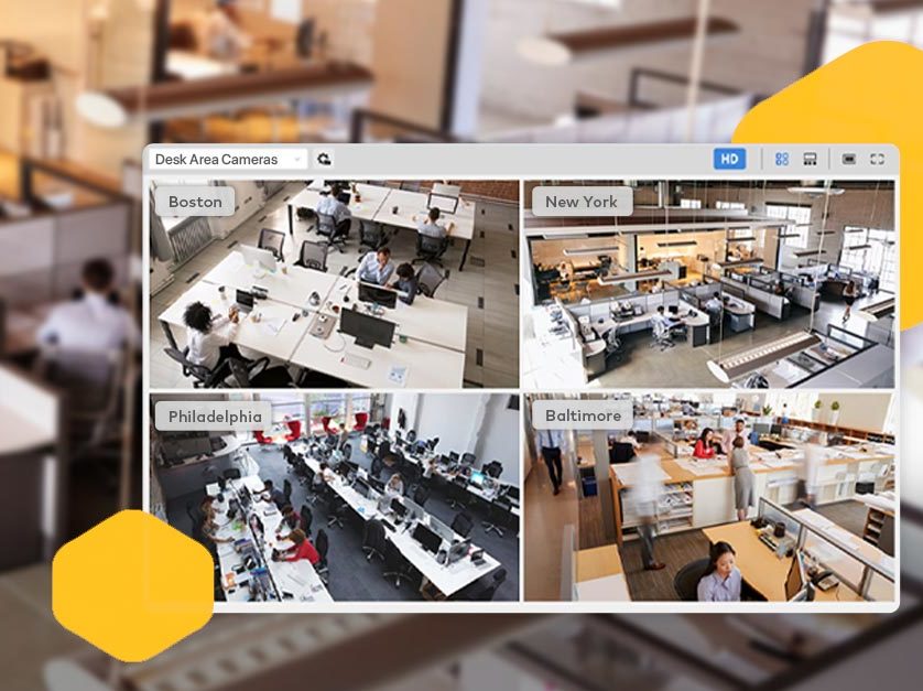Multiple security camera views of offices across the United States