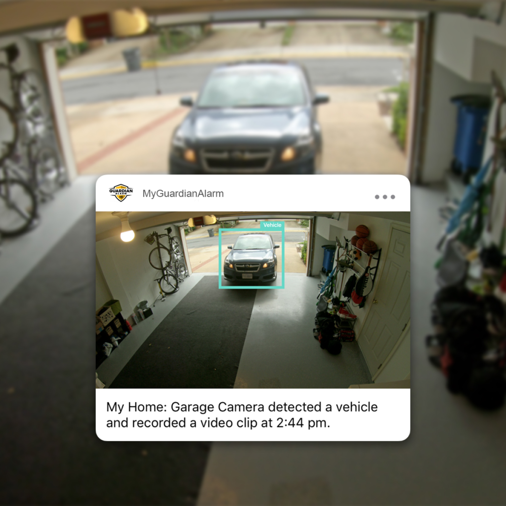 Car pulling into the garage and showing a video of the MyGuardianAlarm video detection