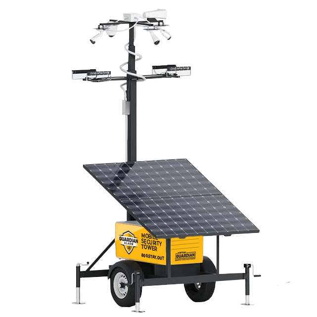 Mobile Security Tower with cameras, solar panel and alarm for security away from power.