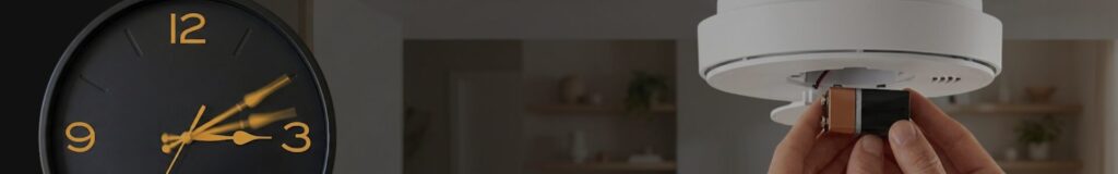 Daylight saving time home safety reminder showing a clock springing forward and a homeowner changing smoke detector batteries, Home security system maintenance diagram highlighting the alarm panel, smoke detectors, and motion sensors for annual cleaning and testing.