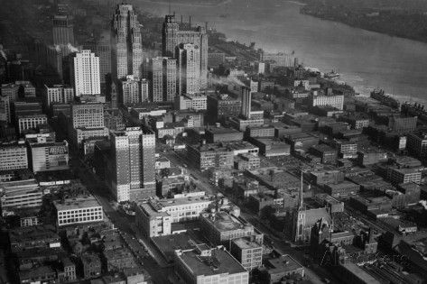 1930s aerial view of Detroit and Detroit river