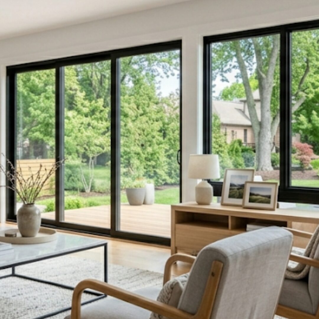 A modern living room in a new home featuring a glass break sensor on the ceiling and a contact sensor on the window frame.