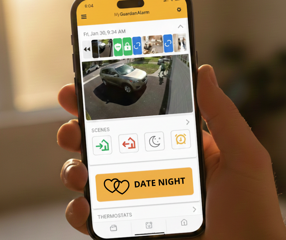 "Guardian Alarm smart home app on phone activating romantic date night scene with automated lighting and climate control for luxury homeowners