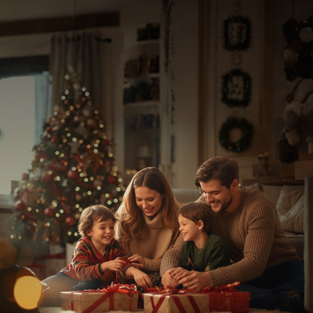Family opening Christmas gifts in a secure home with a Guardian Alarm security panel on the wall.
