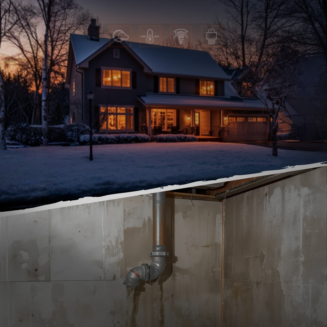 Smart environmental sensors and water valve shutoff protecting home from frozen pipes during winter with temperature monitoring technology