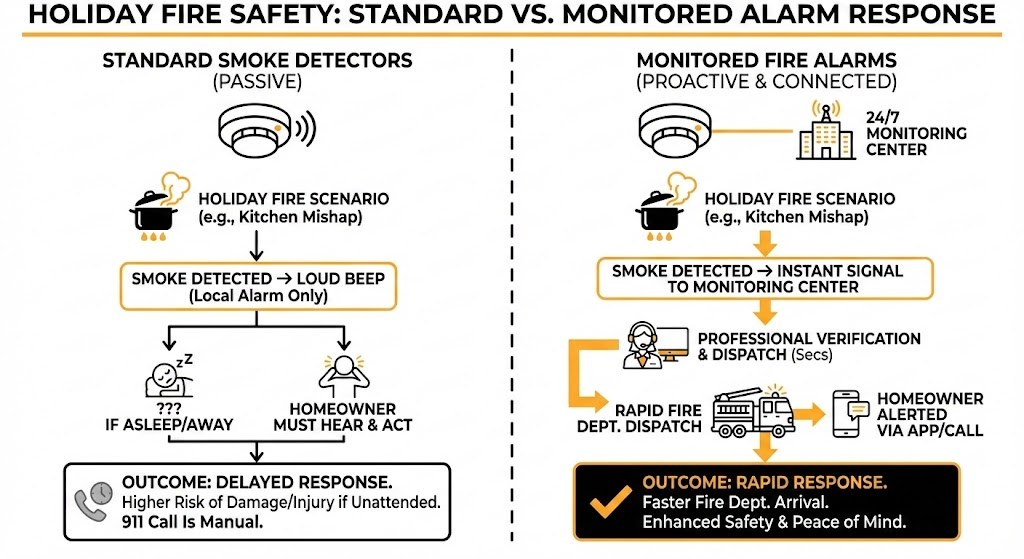 Comparison of standard smoke detectors vs monitored fire alarms during holidays.