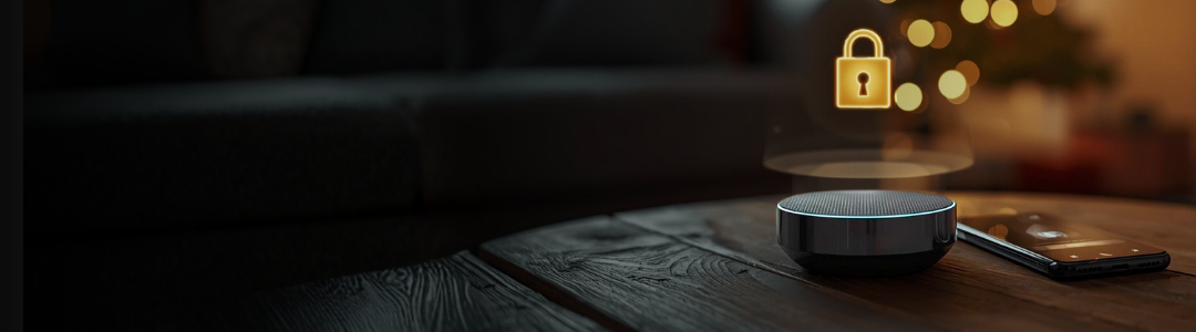 Smart home hub on coffee table with digital security lock overlay in a holiday setting.