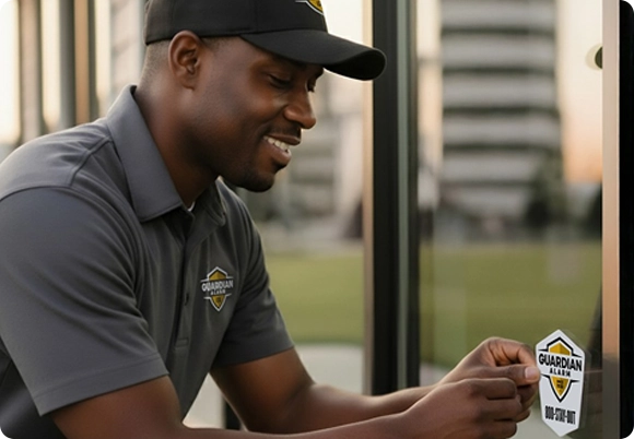 A technician working on security equipment while smiling.